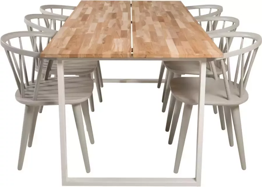 Hioshop CirebonTeak eethoek eetkamertafel teakhout en 6 Bullerbyn eetkamerstal lichtgrijs