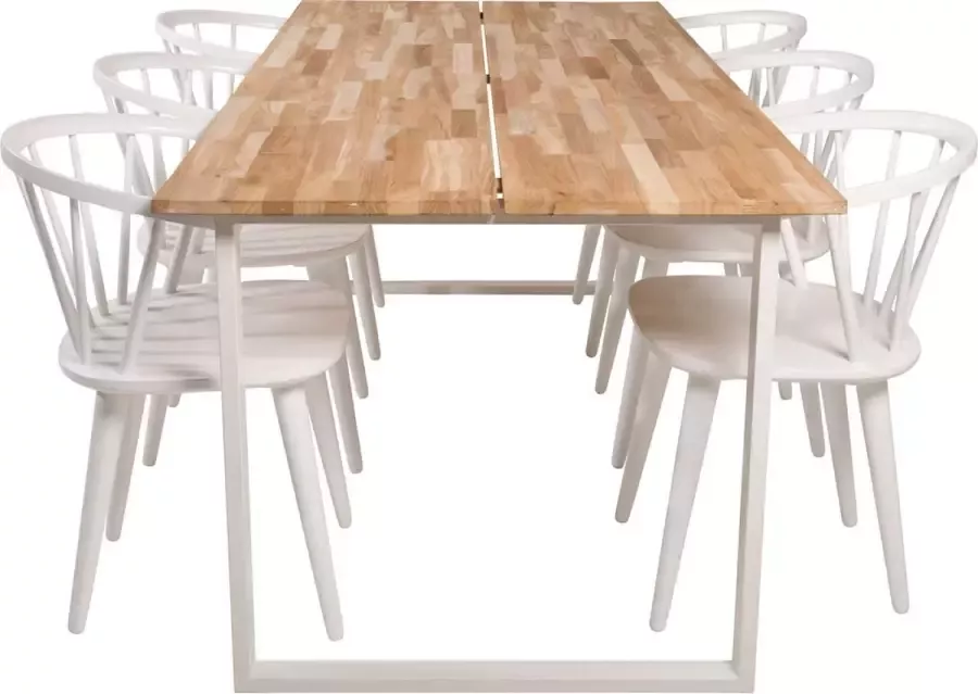 Hioshop CirebonTeak eethoek eetkamertafel teakhout en 6 Bullerbyn eetkamerstal wit.