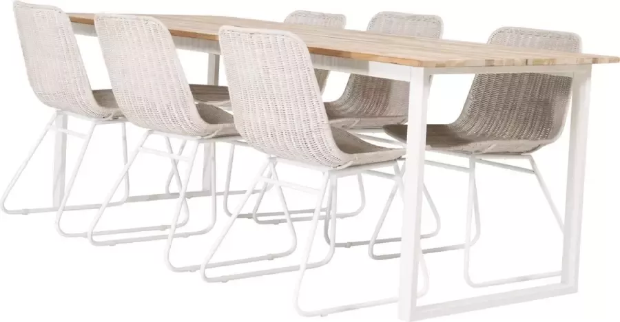 Hioshop CirebonTeak eethoek eetkamertafel teakhout en 6 Cirebon eetkamerstal rotan whitewash.