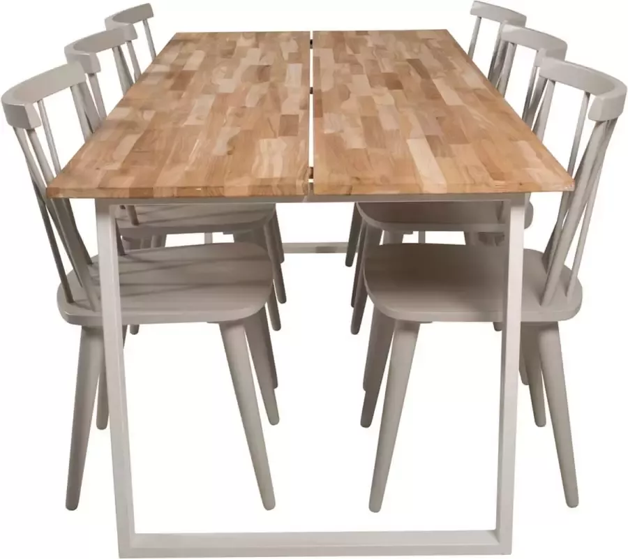 Hioshop CirebonTeak eethoek eetkamertafel teakhout en 6 Mariannelund eetkamerstal grijs