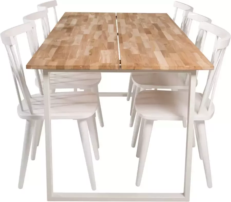 Hioshop CirebonTeak eethoek eetkamertafel teakhout en 6 Mariannelund eetkamerstal wit.