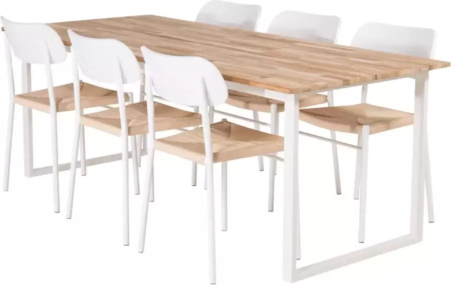 Hioshop CirebonTeak eethoek eetkamertafel teakhout en 6 Polly eetkamerstal natuur wit.