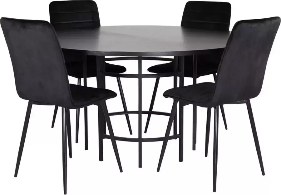 Hioshop Copenhagen eethoek eetkamertafel bruin en 4 Windu Lyx eetkamerstal velours zwart.