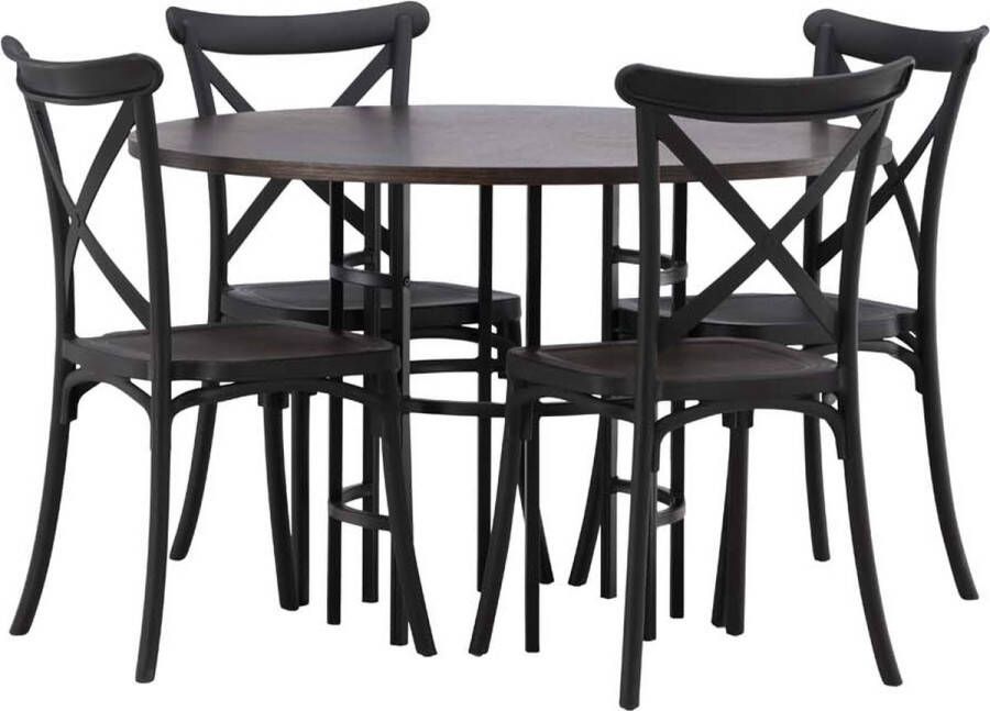 Hioshop Copenhagen eethoek tafel mokka en 4 Crosett stoelen zwart.