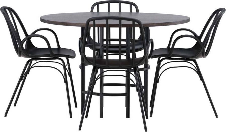 Hioshop Copenhagen eethoek tafel mokka en 4 Dyrön stoelen zwart.