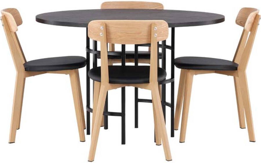 Hioshop Copenhagen eethoek tafel zwart en 4 Sanjos stoelen naturel.