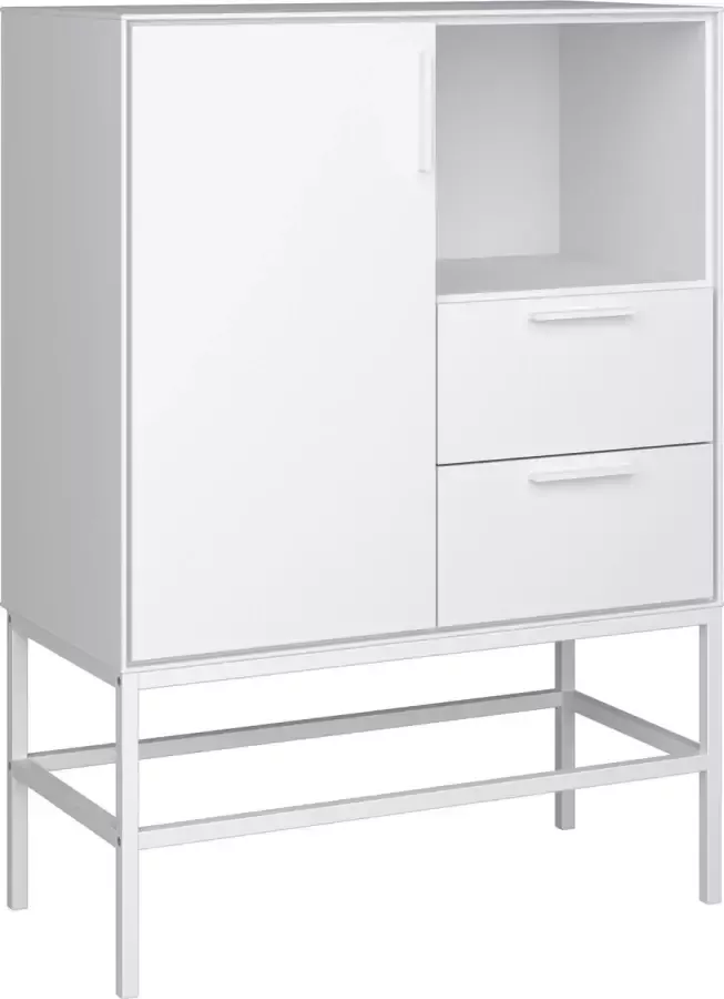 Hioshop Cris dressoir 1 deur en 2 lades wit gelakt wit metalen frame.