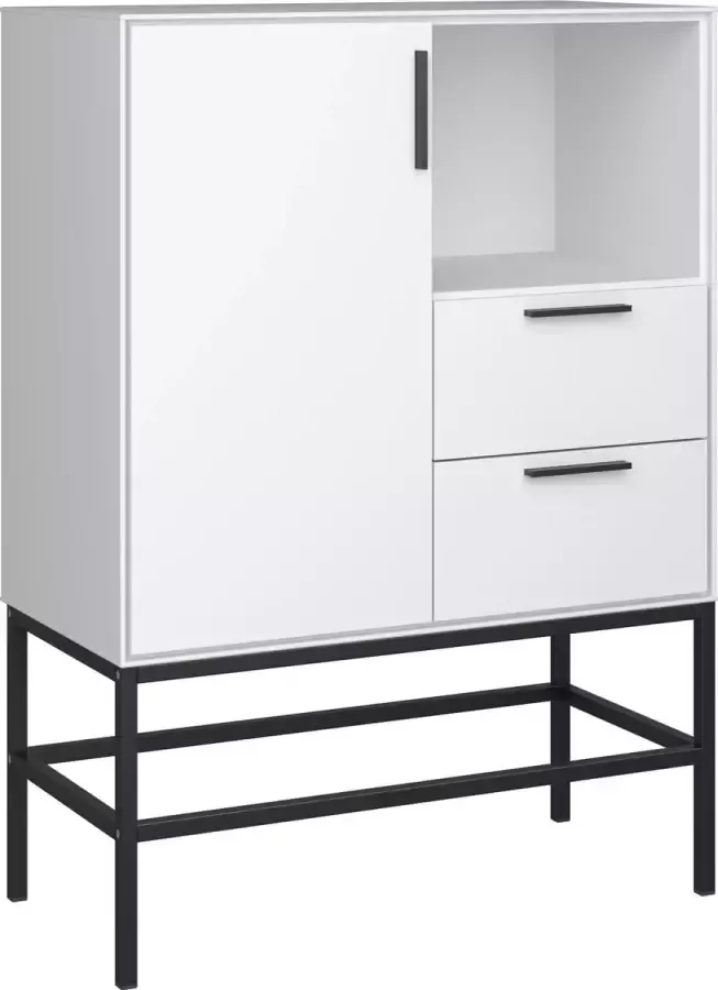 Hioshop Cris dressoir 1 deur en 2 lades wit gelakt zwart metalen frame.