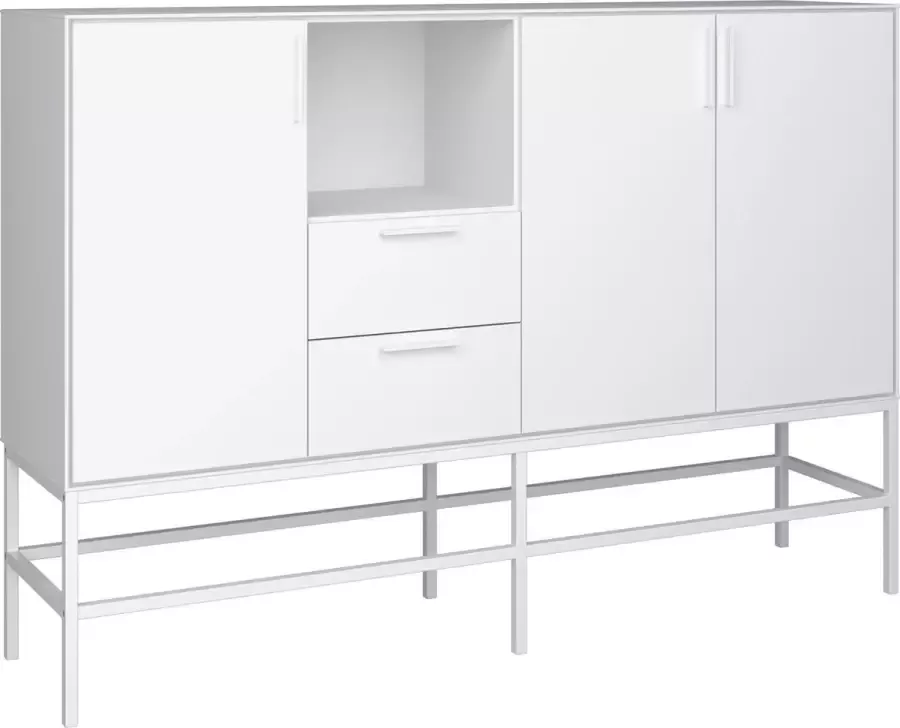 Hioshop Cris dressoir 3 deuren en 2 lades wit gelakt wit metalen frame.