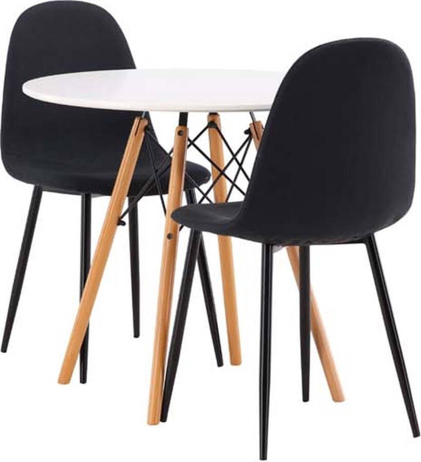 Hioshop Danburi eethoek tafel wit en 2 Polar stoelen zwart.