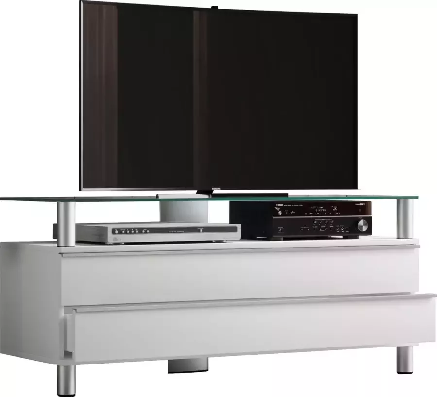 Hioshop Dasano TV-meubels 2 lades 1 legplank en 1 glazen legger Wit lak zwart glas.