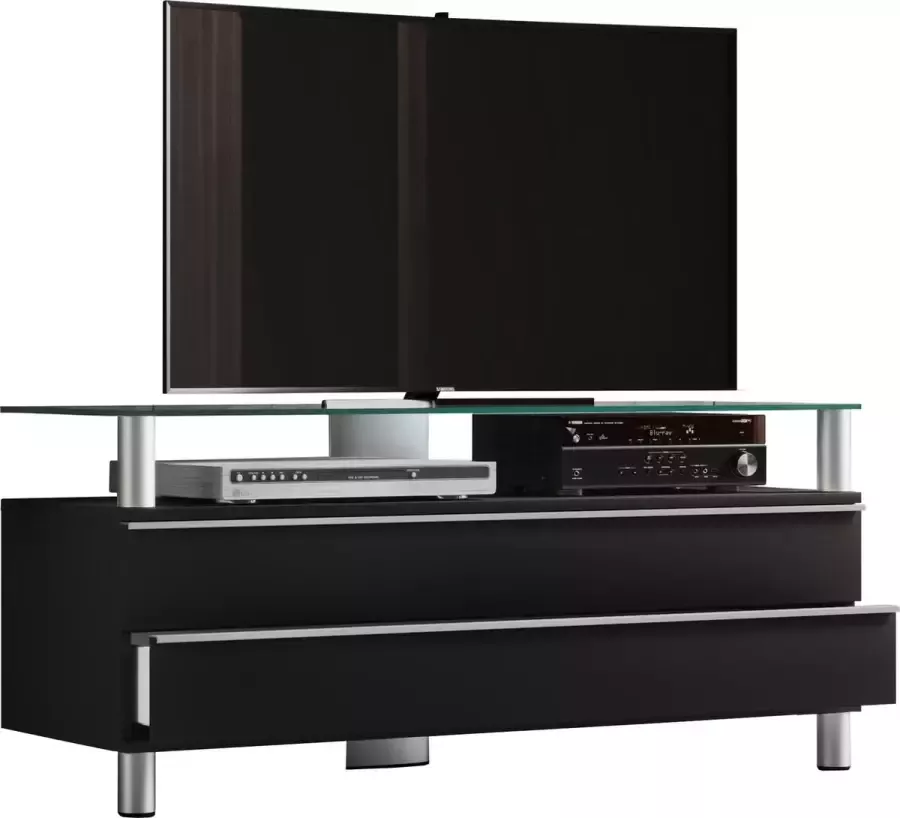 Hioshop Dasano TV-meubels 2 lades 1 legplank en 1 glazen legger Zwart lak zwart glas.