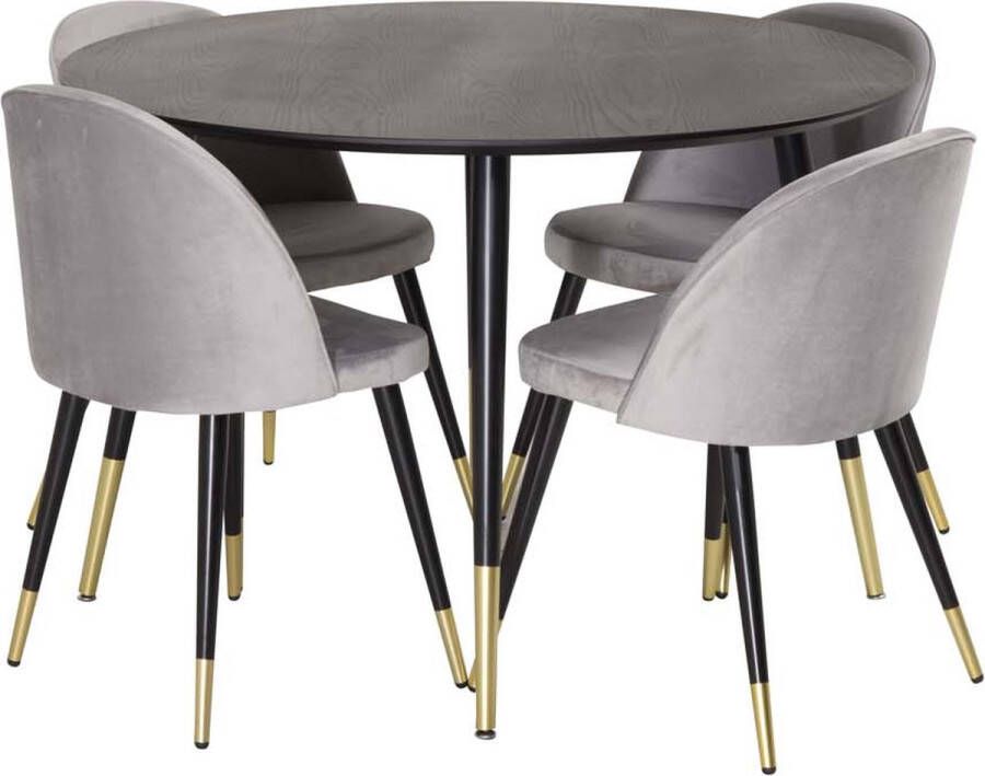 Hioshop Dipp eethoek tafel zwart en 4 Velvet stoelen grijs.