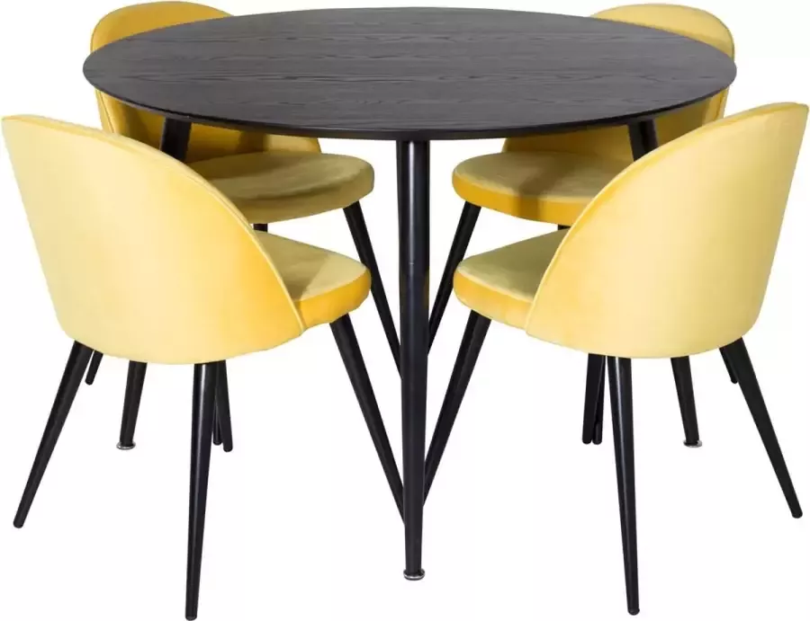 Hioshop DippØ115BLBL eethoek eetkamertafel zwart en 4 Velvet eetkamerstal velours geel zwart.