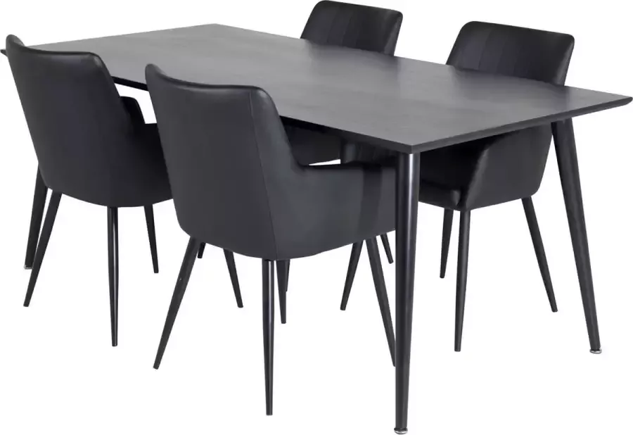 Hioshop Dipp180x90BLBL eethoek eetkamertafel zwart en 4 Comfort eetkamerstal PU kunstleer zwart.