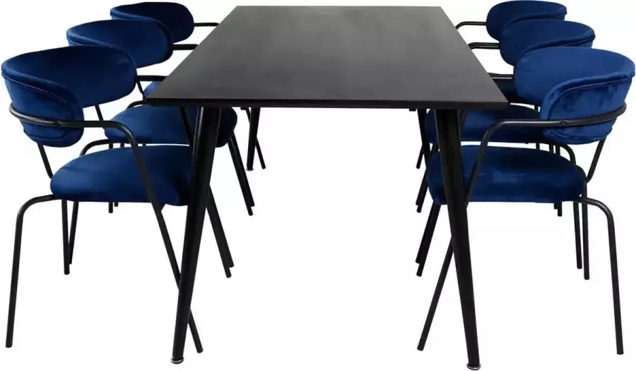 Hioshop Dipp180x90BLBL eethoek eetkamertafel zwart en 6 Arrow eetkamerstal velours blauw.