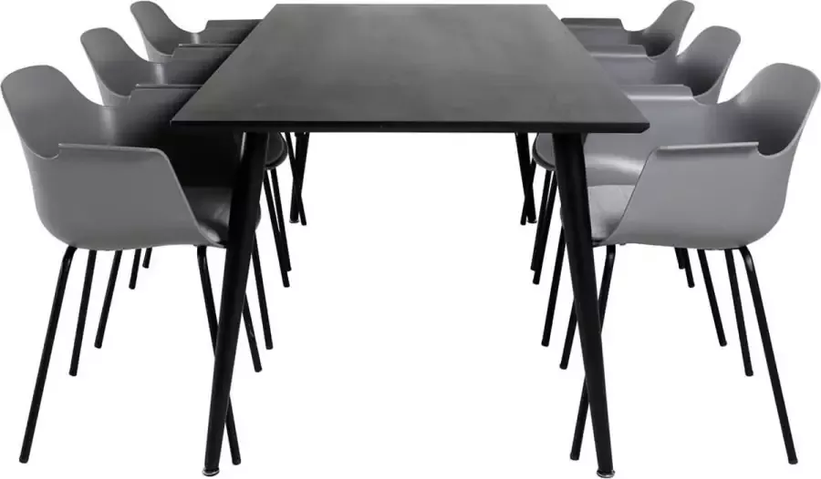 Hioshop Dipp180x90BLBL eethoek eetkamertafel zwart en 6 Comfort eetkamerstal grijs.