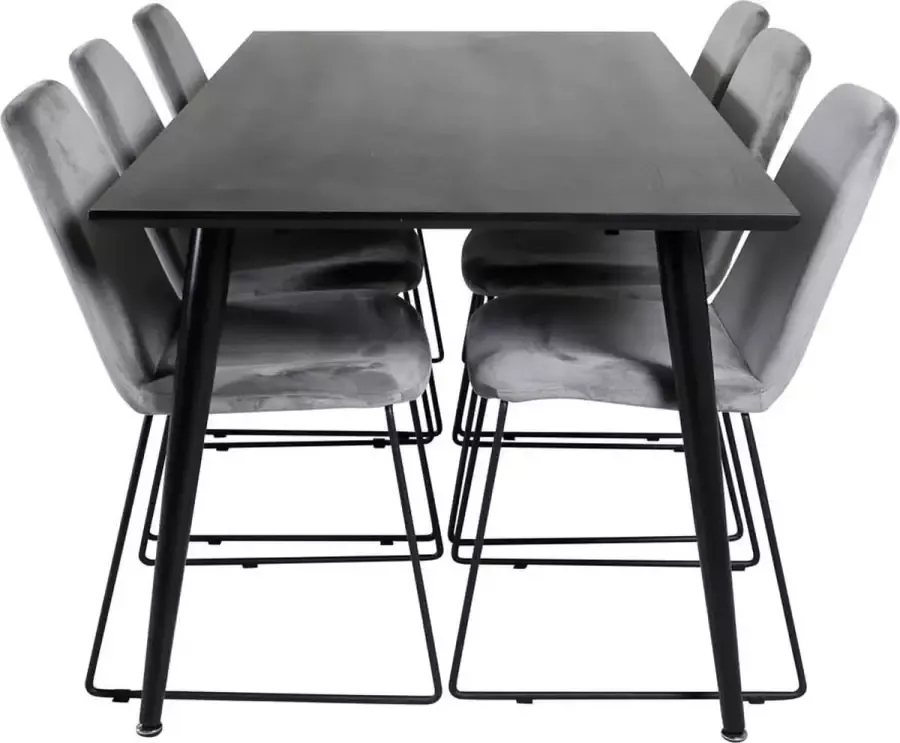 Hioshop Dipp180x90BLBL eethoek eetkamertafel zwart en 6 Muce eetkamerstal velours grijs.