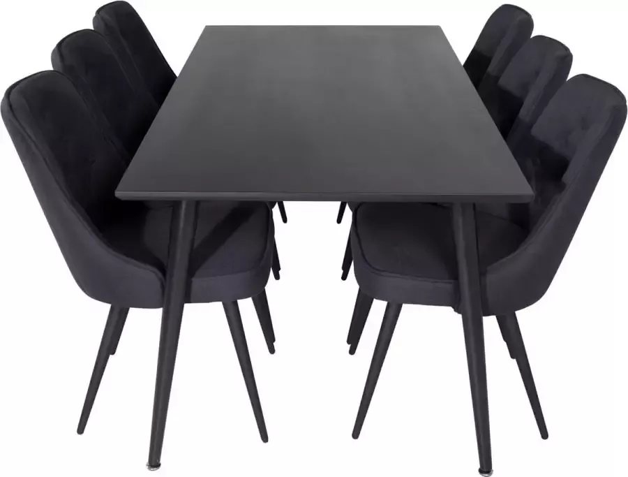 Hioshop Dipp180x90BLBL eethoek eetkamertafel zwart en 6 Velvet Deluxe eetkamerstal zwart.
