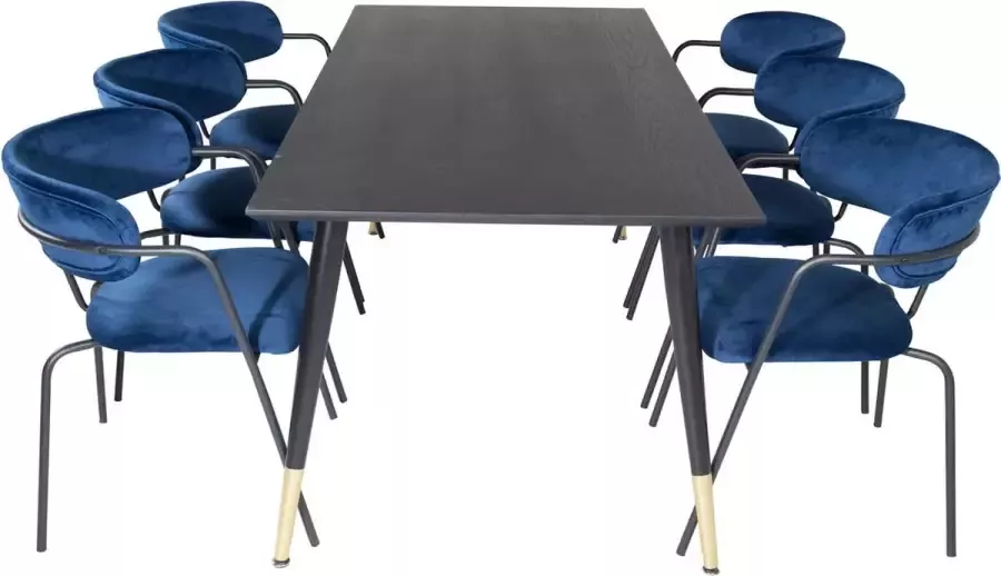 Hioshop Dipp180x90BLBR eethoek eetkamertafel zwart en 6 Arrow eetkamerstal velours blauw.