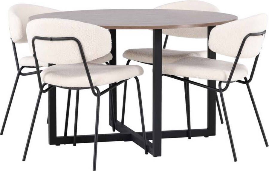 Hioshop Durango eethoek tafel okkernoot decor en 4 Chico stoelen wit.