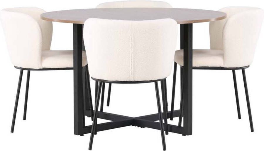Hioshop Durango eethoek tafel okkernoot decor en 4 Edina stoelen wit.