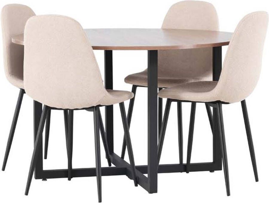 Hioshop Durango eethoek tafel okkernoot decor en 4 Polar stoelen beige.