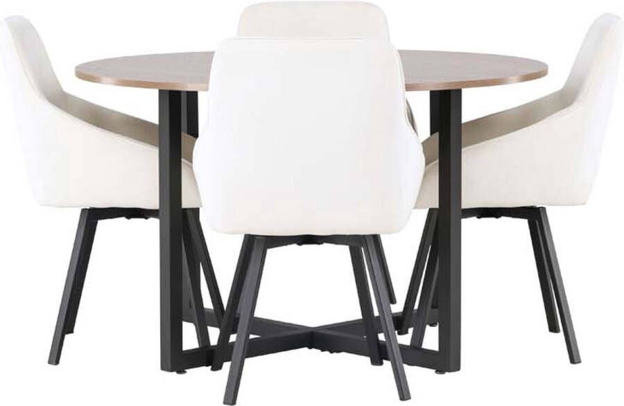 Hioshop Durango eethoek tafel okkernoot decor en 4 Rosie stoelen beige.