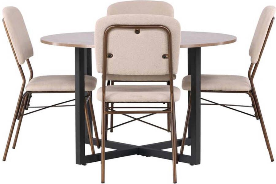 Hioshop Durango eethoek tafel okkernoot decor en 4 Seda stoelen beige.