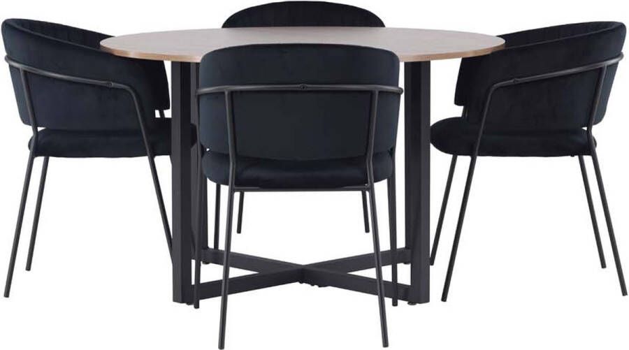 Hioshop Durango eethoek tafel okkernoot decor en 4 Selma stoelen zwart.