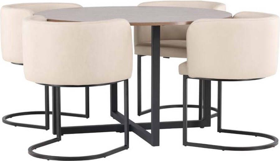 Hioshop Durango eethoek tafel okkernoot decor en 4 Simrishamn stoelen beige.