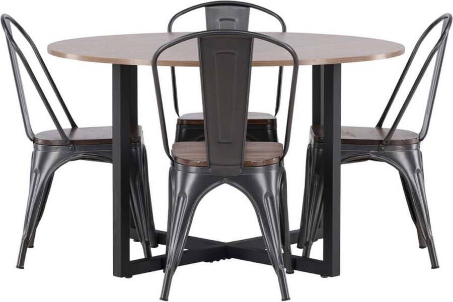 Hioshop Durango eethoek tafel okkernoot decor en 4 Tempe stoelen dunkergrijs.