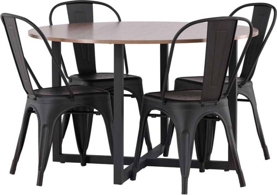Hioshop Durango eethoek tafel okkernoot decor en 4 Tempe stoelen zwart.