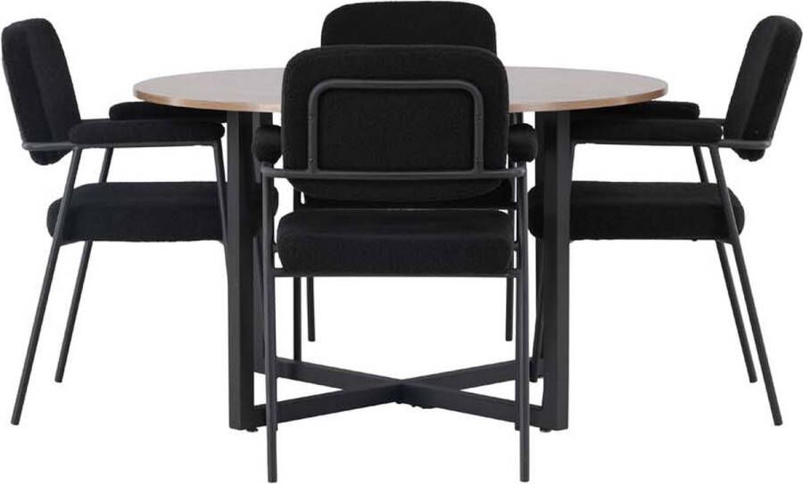 Hioshop Durango eethoek tafel okkernoot decor en 4 Yesterday stoelen zwart.