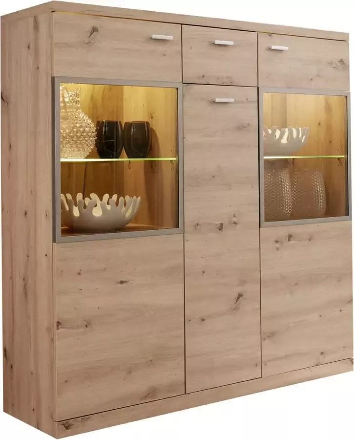 Hioshop Echo dressoir 3 deuren 1 lade eiken decor bruin pasolglas met mat nikkel aluminium frame.