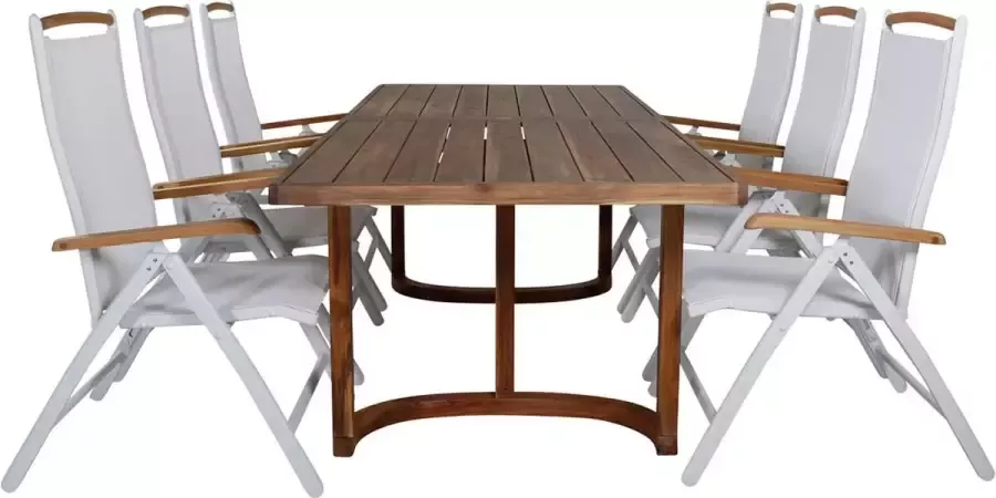 Hioshop Erica tuinmeubelset tafel 100x214cm en 6 stoel 5pos Panama naturel wit