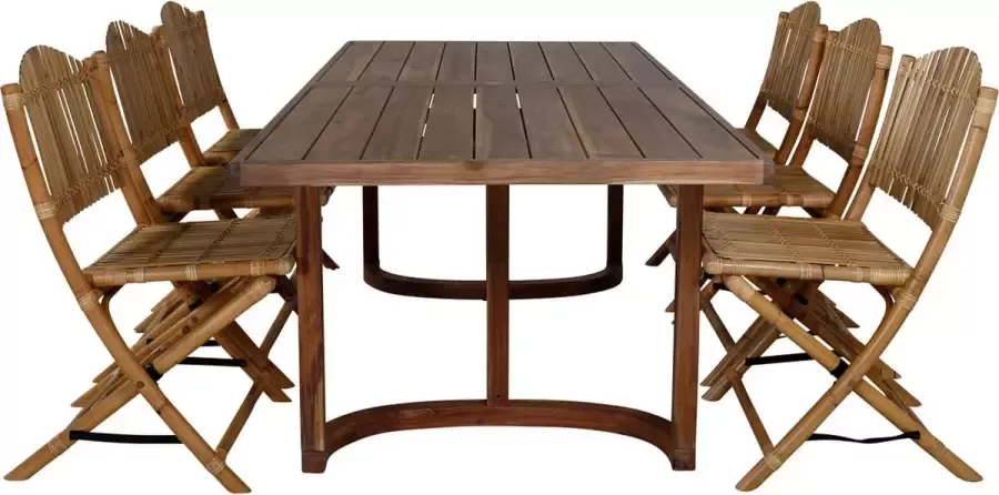 Hioshop Erica tuinmeubelset tafel 100x214cm en 6 stoel Cane lichtgrijs naturel