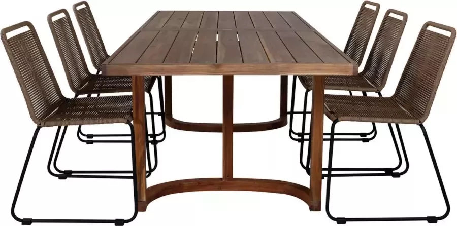 Hioshop Erica tuinmeubelset tafel 100x214cm en 6 stoel stapelL Lindos zwart naturel