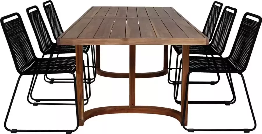 Hioshop Erica tuinmeubelset tafel 100x214cm en 6 stoel stapelS Lindos zwart naturel