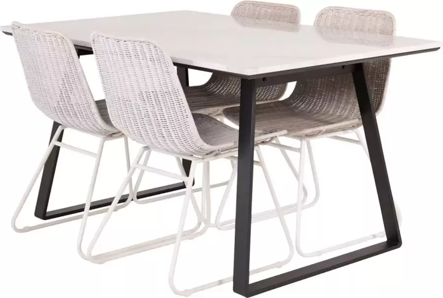 Hioshop Estelle eethoek eetkamertafel marmer wit en 4 Cirebon eetkamerstal rotan whitewash.