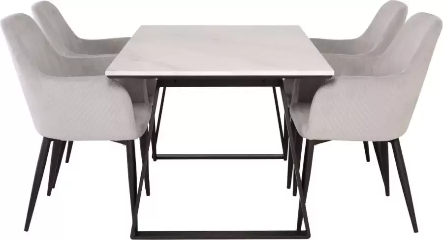 Hioshop Estelle eethoek eetkamertafel marmer wit en 4 Comfort eetkamerstal fluweel lichtgrijs zwart.