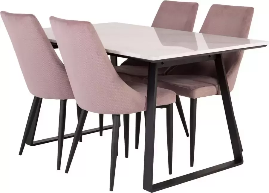 Hioshop Estelle eethoek eetkamertafel marmer wit en 4 Leone eetkamerstal fluweel roze zwart.
