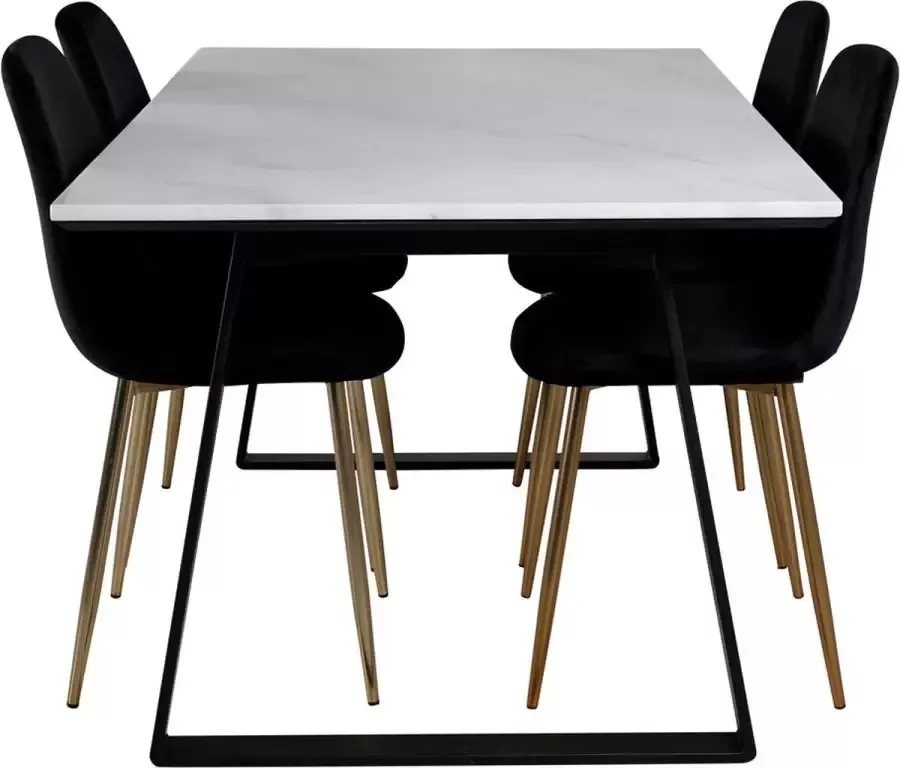Hioshop Estelle eethoek eetkamertafel marmer wit en 4 Polar eetkamerstal velours zwart messing decor.