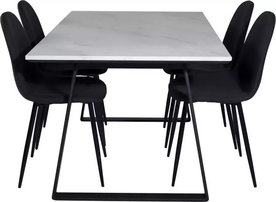 Hioshop Estelle eethoek eetkamertafel marmer wit en 4 Polar eetkamerstal zwart.