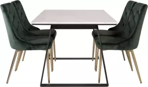 Hioshop Estelle eethoek eetkamertafel marmer wit en 4 Velvet Deluxe eetkamerstal velours groente messing decor
