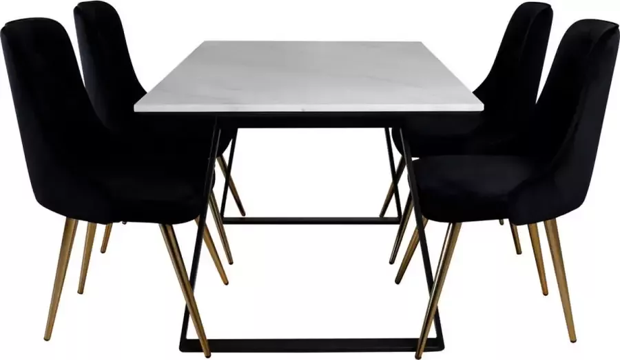 Hioshop Estelle eethoek eetkamertafel marmer wit en 4 Velvet Deluxe eetkamerstal velours zwart messing decor.