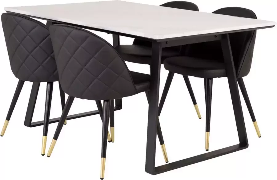 Hioshop Estelle eethoek eetkamertafel marmer wit en 4 Velvet eetkamerstal PU kunstleer zwart.