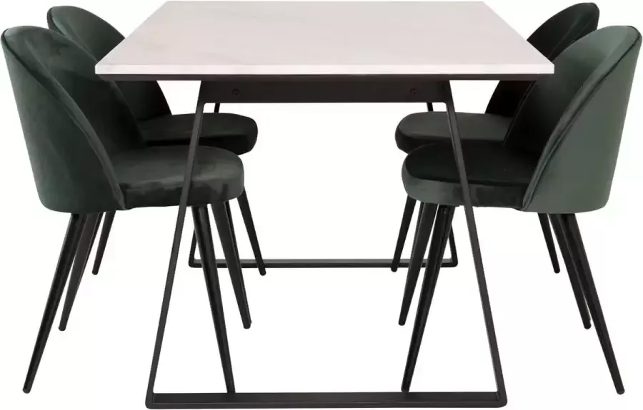 Hioshop Estelle eethoek eetkamertafel marmer wit en 4 Velvet eetkamerstal velours groente zwart.