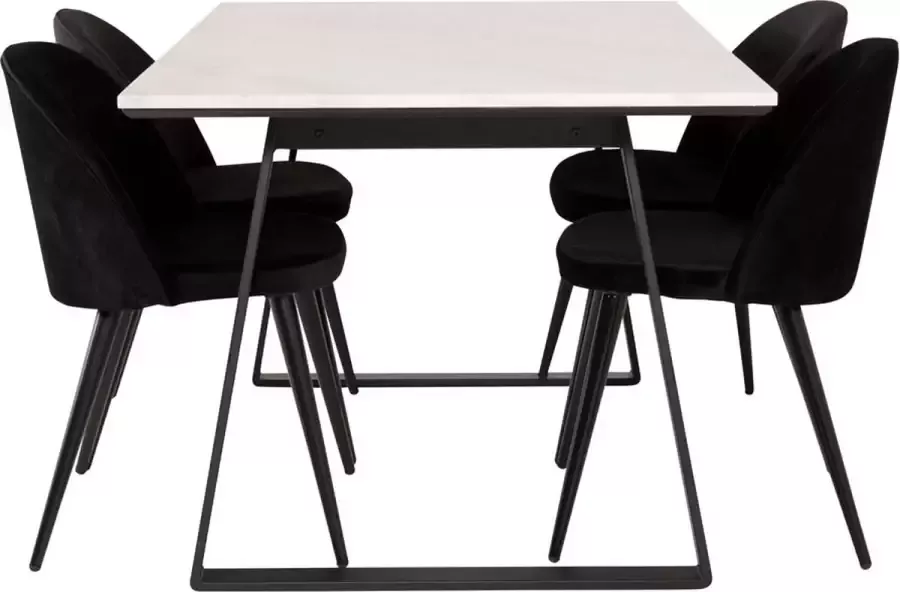 Hioshop Estelle eethoek eetkamertafel marmer wit en 4 Velvet eetkamerstal velours zwart.