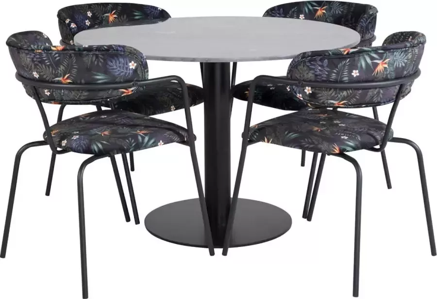 Hioshop EstelleØ106BLBL eethoek eetkamertafel zwart marmer en 4 Arrow eetkamerstal zwart.